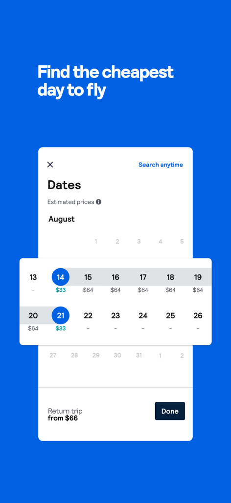 Skyscanner app screen showing a calendar view with daily flight prices to help users find the cheapest day to fly