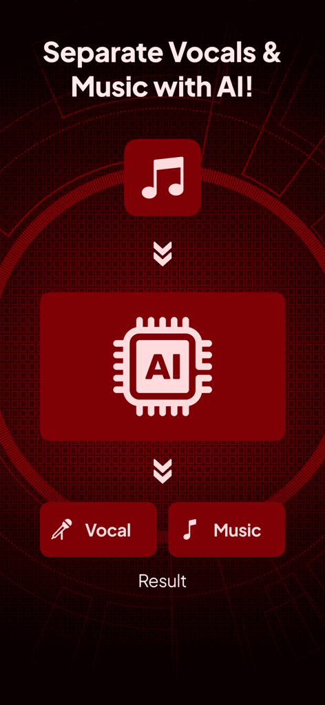 Vocal Remover Music Separator - Infografik, die den KI-Prozess der Trennung eines Songs in Vocal- und Musik-Tracks zeigt