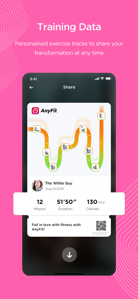 AnyFit - AnyFit App-Bildschirm, der eine personalisierte Trainings-Track-Zusammenfassung mit Kalorien und Dauer für das Teilen von Workouts anzeigt.