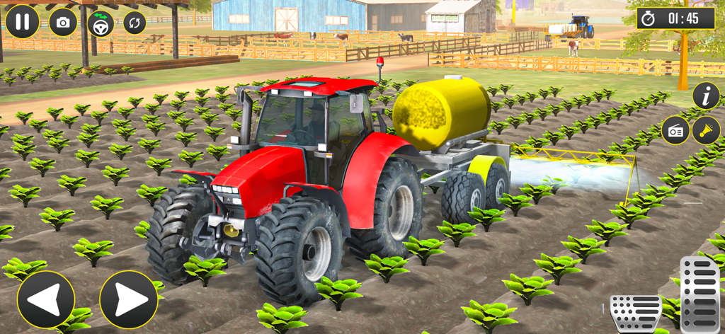 A red tractor with a yellow trailer spraying crops in a 3D farming simulation game
