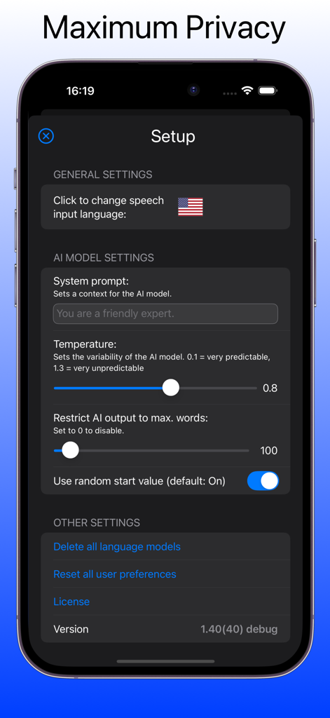 Offline, Secure LLM Chatbot AI - Tela de configurações do Chatbot de IA LLM Seguro e Offline mostrando a configuração do modelo de IA e opções de entrada de voz.