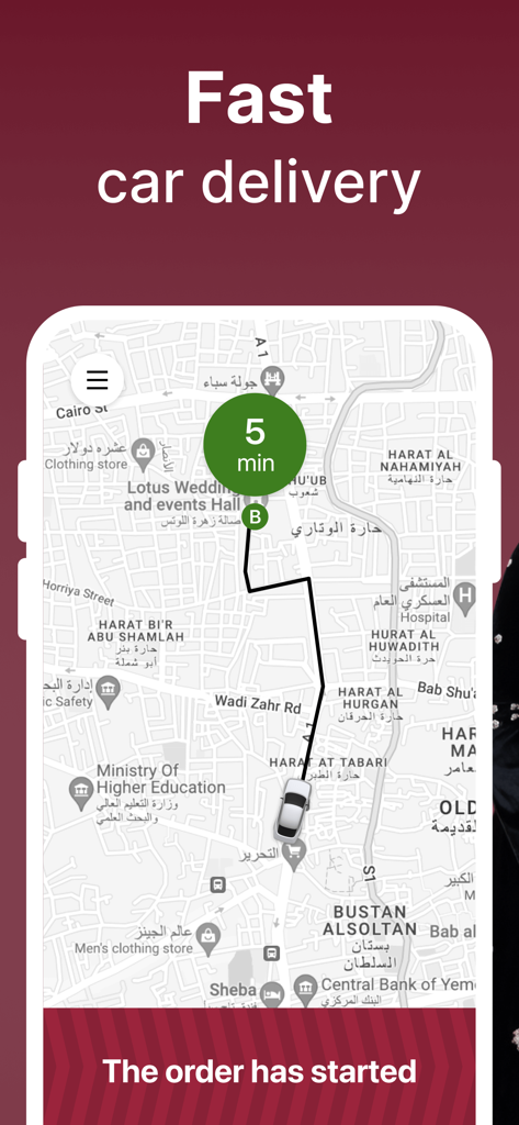Smart Rahal app interface showing real time taxi tracking on a map of Sanaa