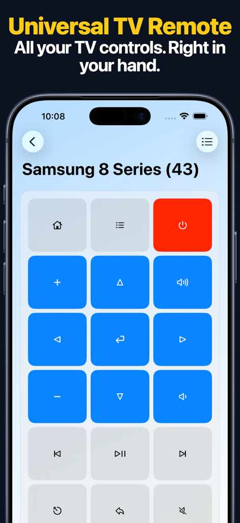 Interface do aplicativo Universal TV Remote mostrando controles para uma Smart TV Samsung em uma tela de iPhone