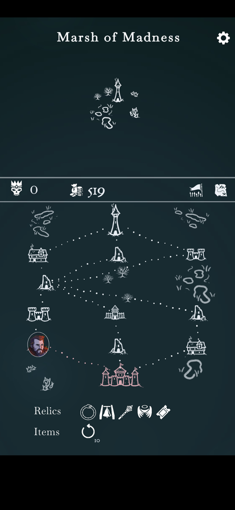 The Ouroboros King - A procedural map screen from the chess roguelike game The Ouroboros King showing paths and relics