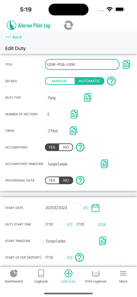 Aileron Pilot Log - Interface for adding and editing flight duty details in Aileron Pilot Log.