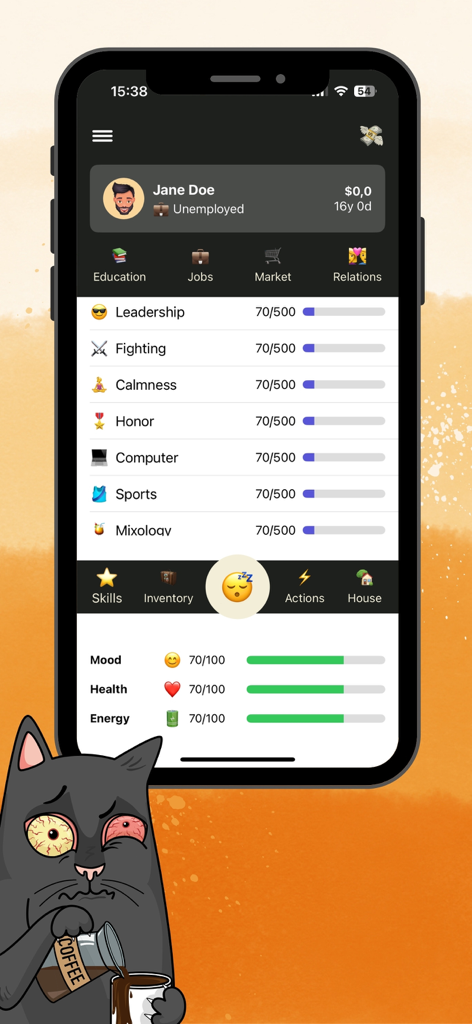 Real Life Simulator - In-game screen of Real Life Simulator showing character skills mood and health stats