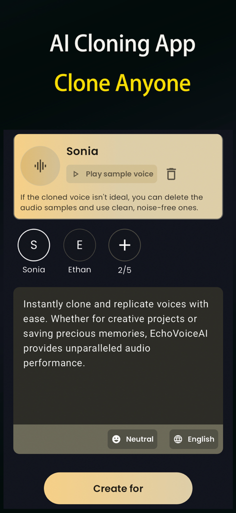 EchoVoice mobile app screen showing AI voice cloning features and character selection