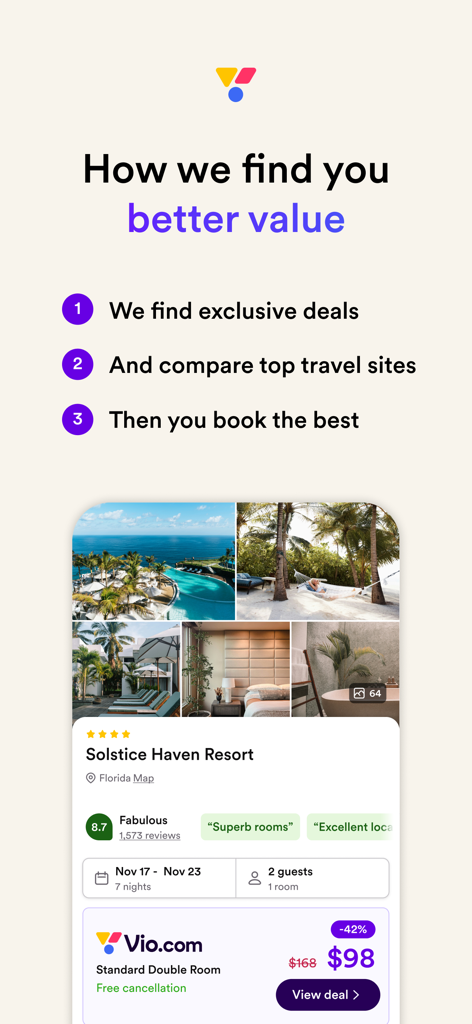 Vio.com: Hotels & travel deals - Interfaccia dell'app Vio.com che spiega come trovare offerte hotel esclusive e confrontare i prezzi dei migliori siti di viaggio