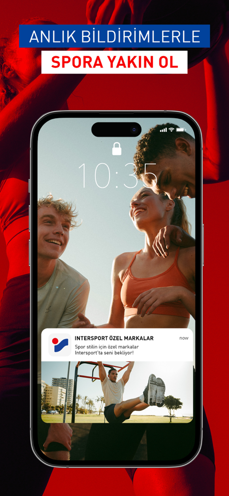 Intersport app push notification on a smartphone lock screen featuring exclusive sports brands and technical gear.