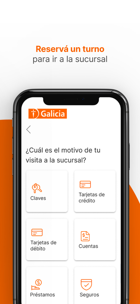 Galicia - El banco en tu celu - Pantalla de la app de banca móvil de Galicia para programar una cita en sucursal