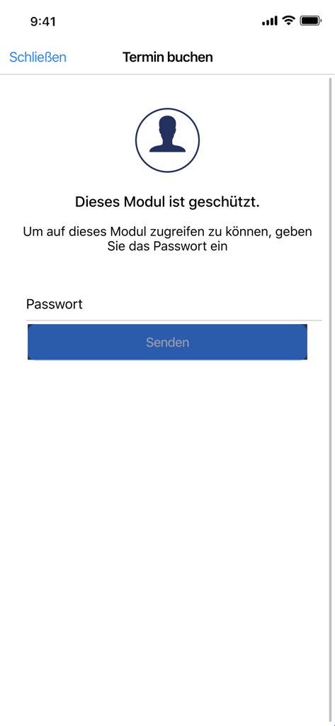 Hyperhidrose Hyperhidrosis - Password protection screen for accessing the appointment booking module in the Hyperhidrose app