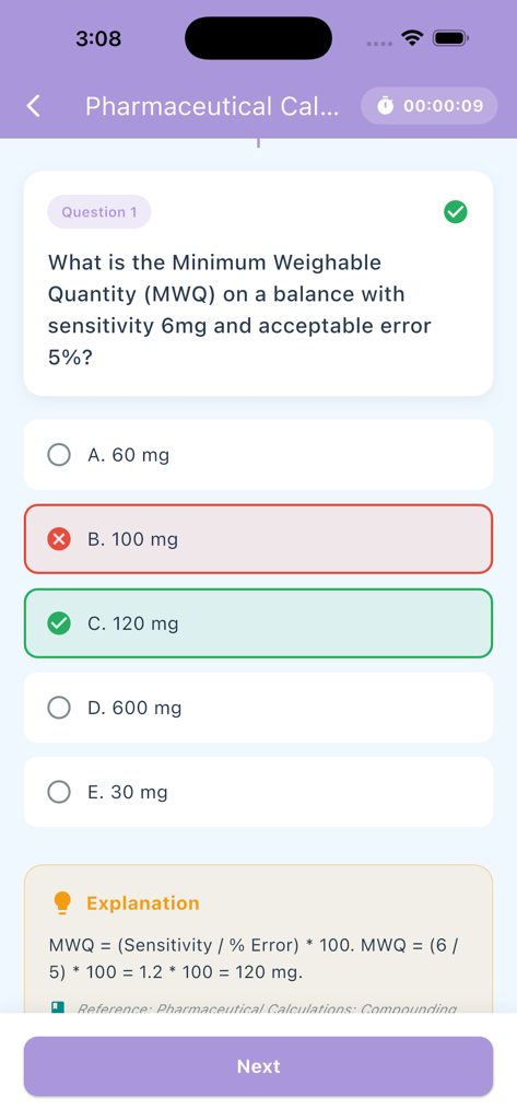 Ireland TCQR MCQ Prep - A pharmaceutical calculation multiple choice question screen showing a correct answer and detailed explanation within the Ireland TCQR MCQ Prep app
