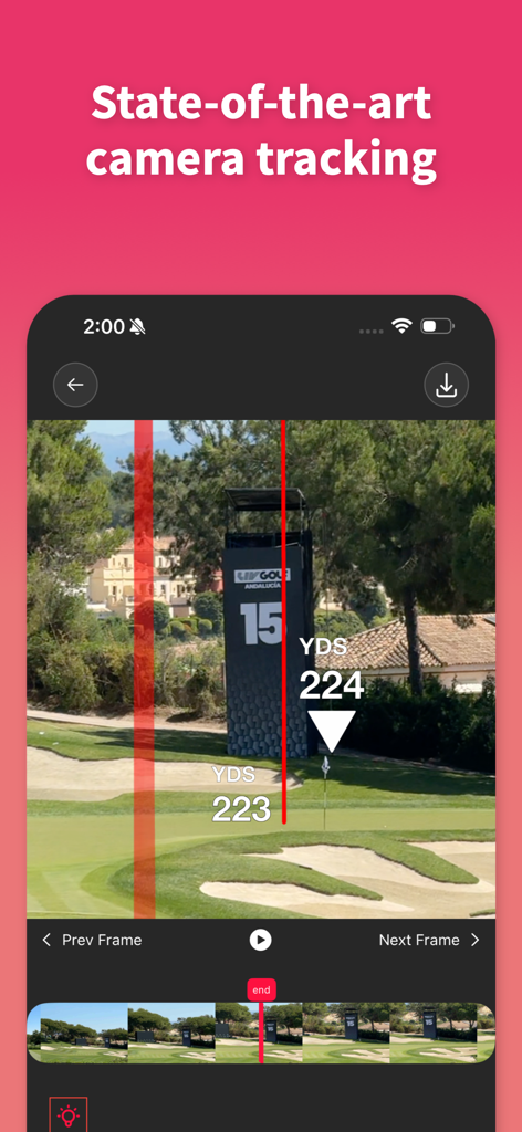 Interface de montage vidéo de golf dans Shot Tracer Editor affichant le suivi de la caméra et les marqueurs de distance sur un coup de golf.