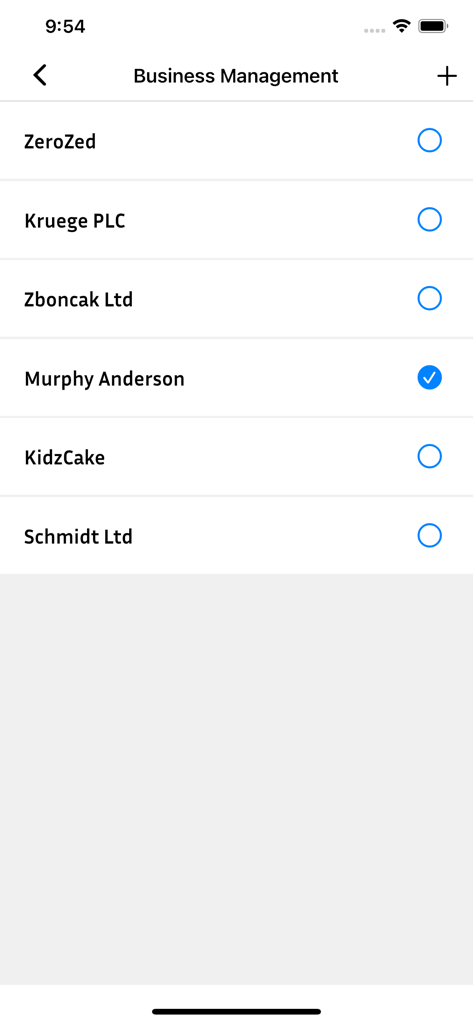 Easy Invoice & Estimate Maker - Business management interface screen showing a list of business profiles with one selected
