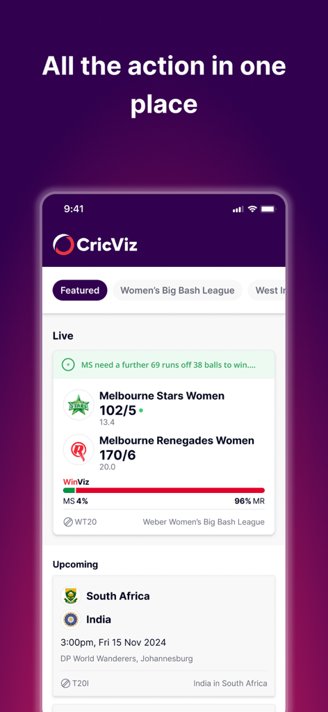 CricViz - CricViz app dashboard showing live cricket matches with real-time win probability analysis