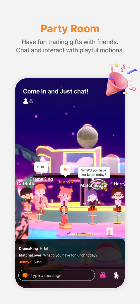 Moii - Heartfelt Connections - A group of cute 3D avatars chatting and hanging out in a colorful virtual party room within the Moii app