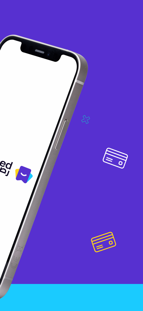 iPhone zeigt das Rasseed-Logo und Kreditkartensymbole auf violettem Hintergrund