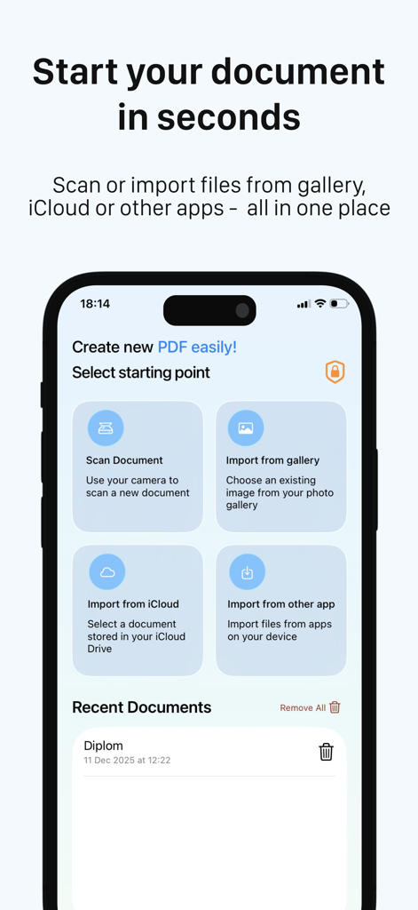 NoPen – Scan docs, Sign & Fill - NoPen app screen displaying document scanning and file import options from gallery and iCloud