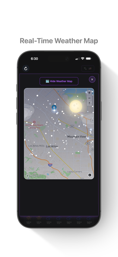 Golf Weather Pro – 30D - Real-time weather map interface in the Golf Weather Pro app showing local conditions