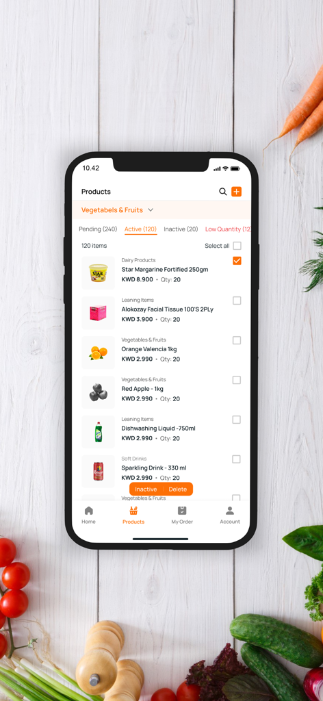 Karrot Partner - Interfaz de la aplicación móvil Karrot Partner mostrando una lista de productos de comestibles activos y opciones de gestión de inventario