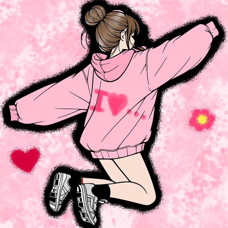 realistic girl jumping with a bun and oversized sweatshirt