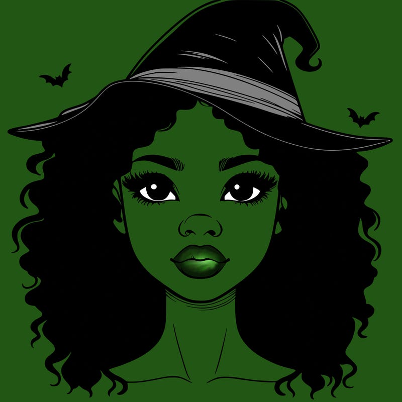realistic black girl with wavy hair and witch hat and nose and lips