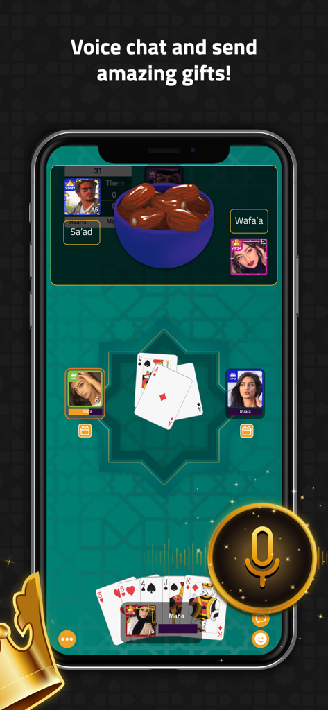 VIP Jalsat | Tarneeb & Trix - VIP Jalsat mobile app showing a card game with voice chat and a virtual gift of dates