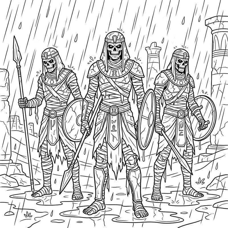 Embark on a captivating coloring journey with this scene of ancient warrior mummies braving a moody rainy day. Discover intricate details of their tattered wraps and the atmospheric downpour as you bring this unique tableau to life.