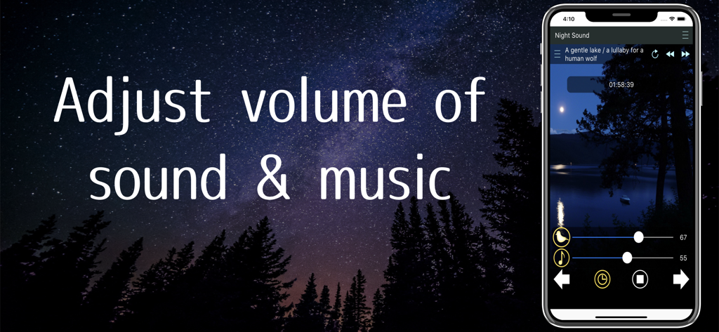 Nature sounds of the night - Interfaz de la aplicación Sonidos de la naturaleza nocturna que muestra controles deslizantes para ajustar el volumen de los sonidos y la música sobre un fondo de noche estrellada