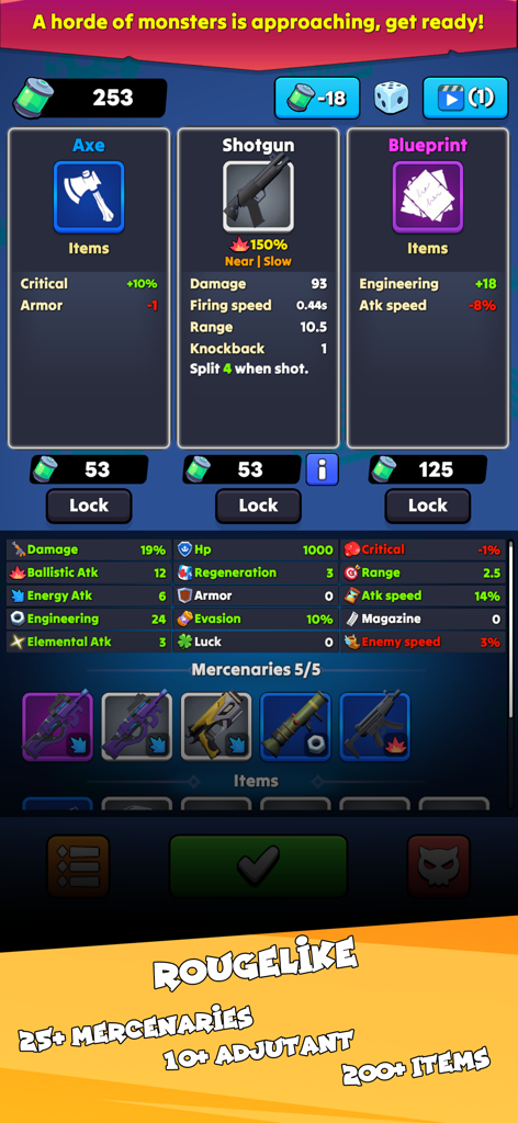 Idle Zombie Wave: Survival TD - In-game upgrade menu for Idle Zombie Wave Survival TD showing weapon items and mercenary stats