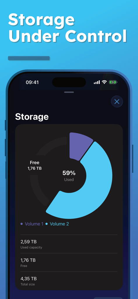 NAS Pro app interface displaying storage capacity and usage statistics for a server