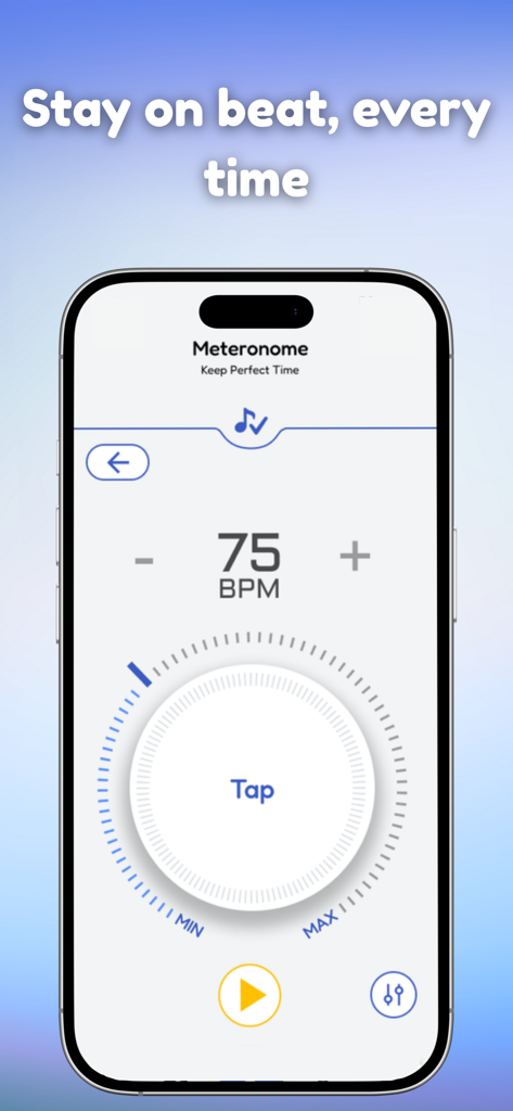 Go Practice Music - Uma captura de tela do recurso de metrônomo do aplicativo Go Practice Music mostrando 75 BPM e um botão de toque para definir o tempo em um smartphone.