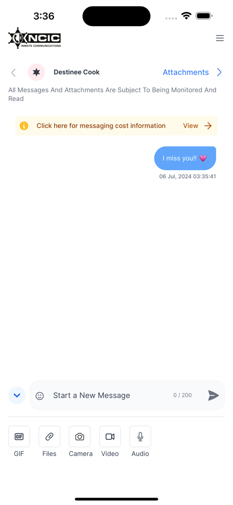NCIC Mobile Video Visitation app messaging interface with a sent text and attachment icons