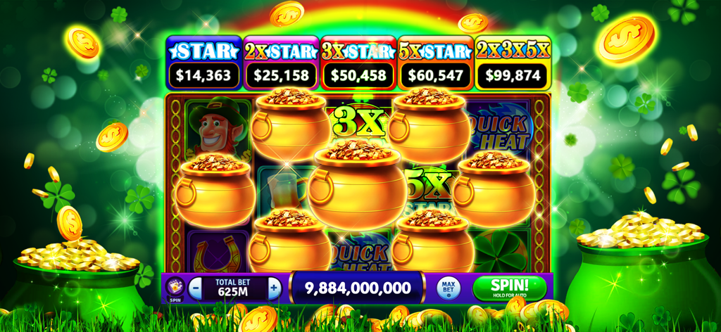 Spielautomat mit Leprechaun-Thema in Tycoon Casino Vegas Slots mit mehreren Goldtöpfen und einem großen Münzgewinn.