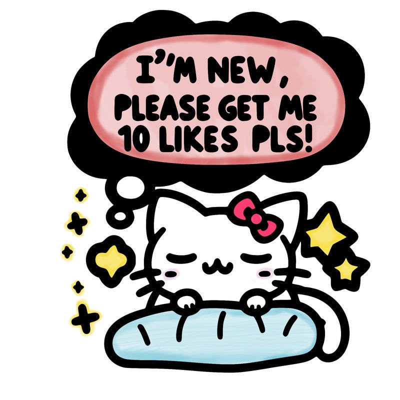 kitty taking a nap dream talking and saying "i'm new, please get me at least 10 likes pls!!"