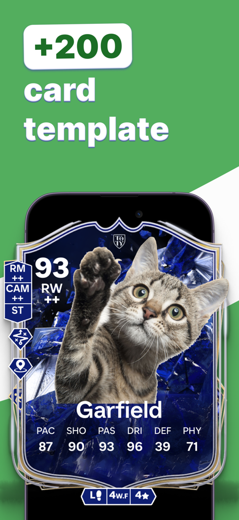 FUT Card Create 25 - Mobile app screen showing a custom football player card with over 200 templates and personalized stats