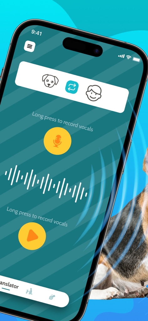 Dog Translator, Games for Dogs - Interface do aplicativo Dog Translator mostrando a tela de gravação de voz para tradução de humano para cão