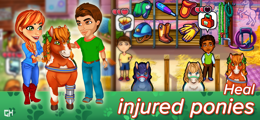 Amy y Jack ayudando a ponis en un establo de clínica veterinaria del juego Dr. Cares - Práctica Familiar
