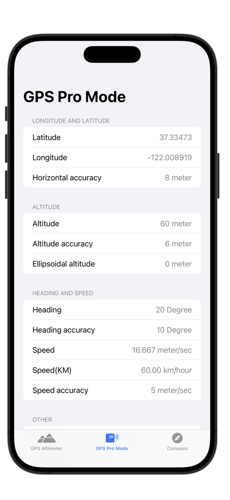 GPS Pro Mode interface displaying detailed latitude longitude altitude and speed data