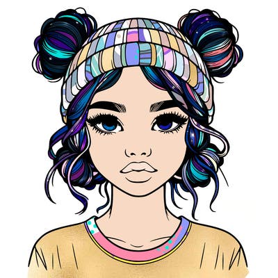 realistic girl with buns in her hair with a beanie on