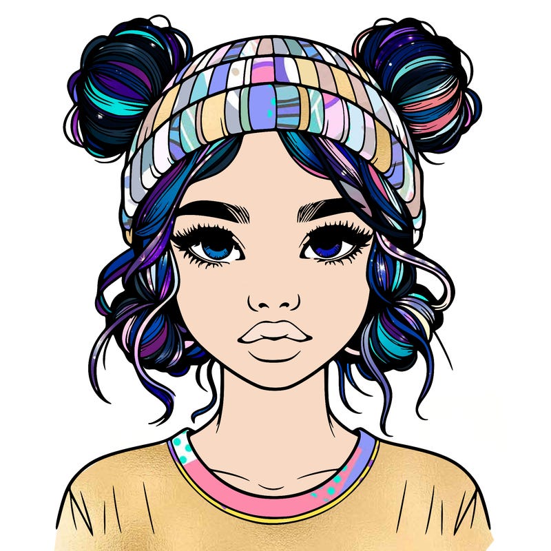 realistic girl with buns in her hair with a beanie on