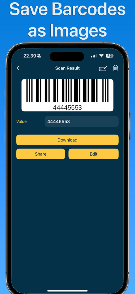 Smartphone screen showing a generated barcode with options to download and share as an image.