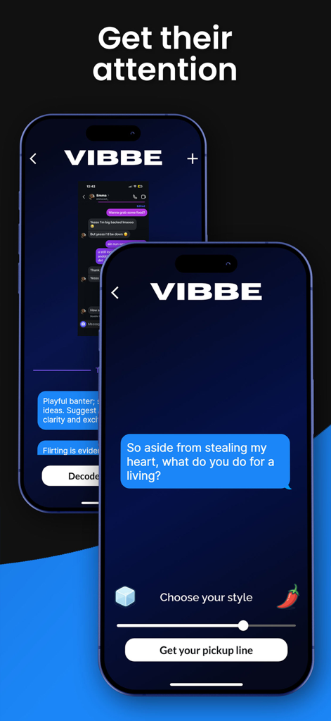 VIBBE app displaying an AI-generated pickup line with options to customize conversation style.