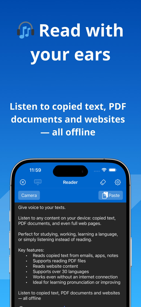 Voice Reader . - iPhone screen displaying the Voice Reader app with the headline Read with your ears
