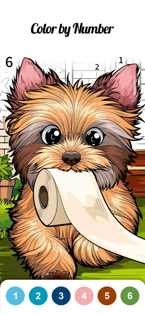 Calm Color-Color By Number - A cute dog holding a roll of toilet paper in a digital color by number app interface.