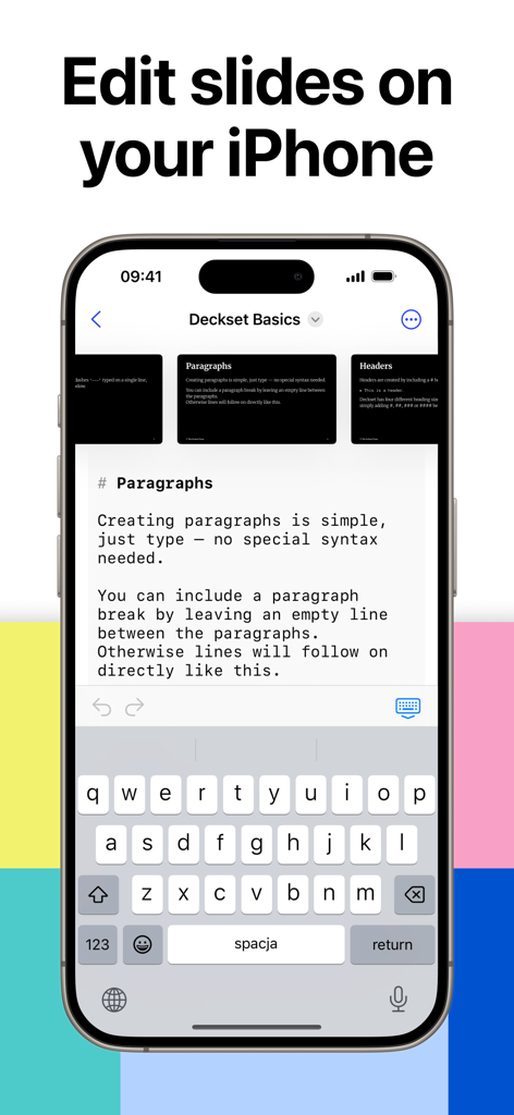 Deckset: Your Notes to Slides - iPhone screen showing a Markdown text editor for creating presentation slides in the Deckset app