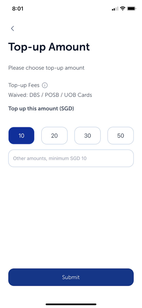 NETS App - Tela de seleção de valor de recarga do NETS App com botões predefinidos em SGD e botão de envio