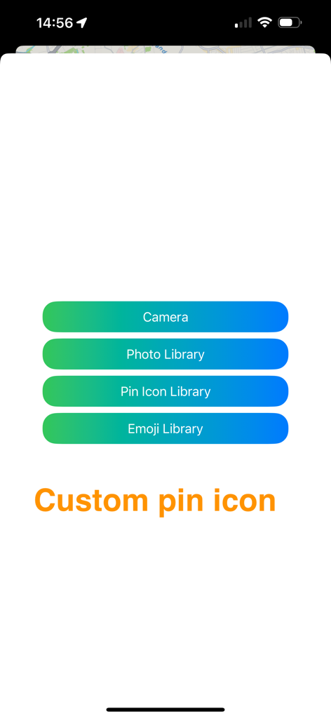 Map Notes - Interfaz de la aplicación Map Notes que muestra opciones para crear un icono de marcador personalizado utilizando la biblioteca de fotos de la cámara, iconos o emojis