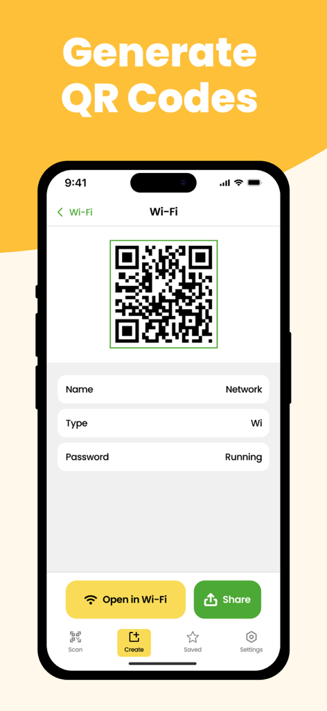 QR & Barcode Scanner Max - Generating a Wi-Fi QR code in the QR and Barcode Scanner Max app