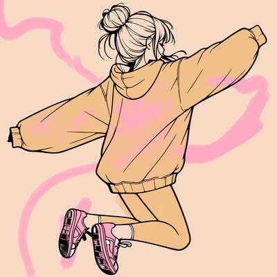 realistic girl jumping with a bun and oversized sweatshirt